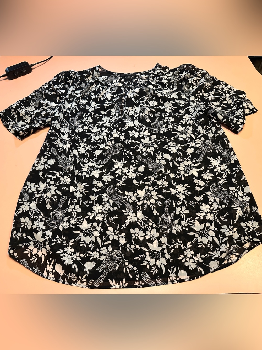 J. Crew Black and White Floral Bird Print Top